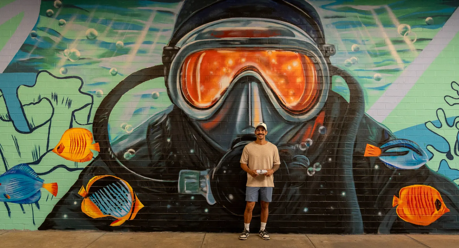 Underwater diver and marine-life mural at Cordova Mall in Pensacola Florida